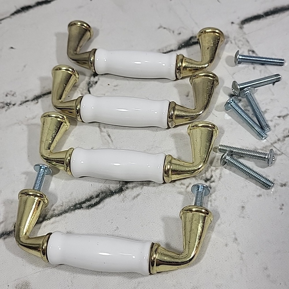 Vintage Drawer Pull Handles White Porcelain Gold-Tone Lot Of 4 With Hardware
